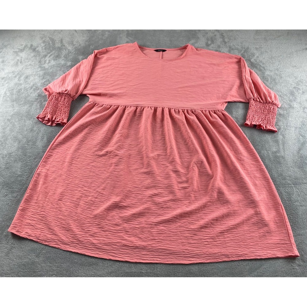 Dokotoo Womens Coral Pink Textured Smocked Cuff Babydoll‎ Empire Waist Dress